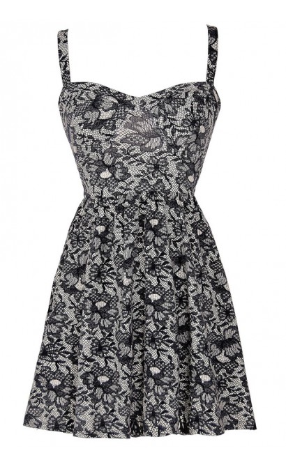 Navy Lace Print A-line Dress